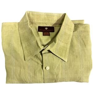 Men's Toscano XL 100% Linen Short Sleeve Button Up Shirt Olive Green Textured